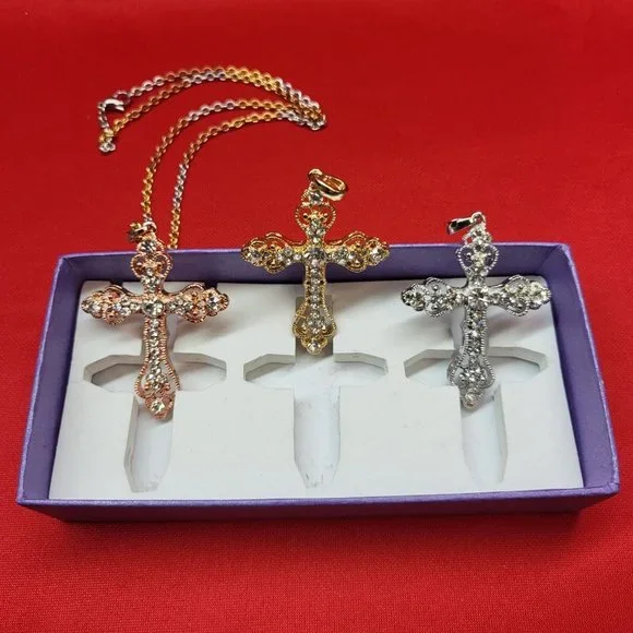 Tricolor Chain and Cross Pendant Set of 3